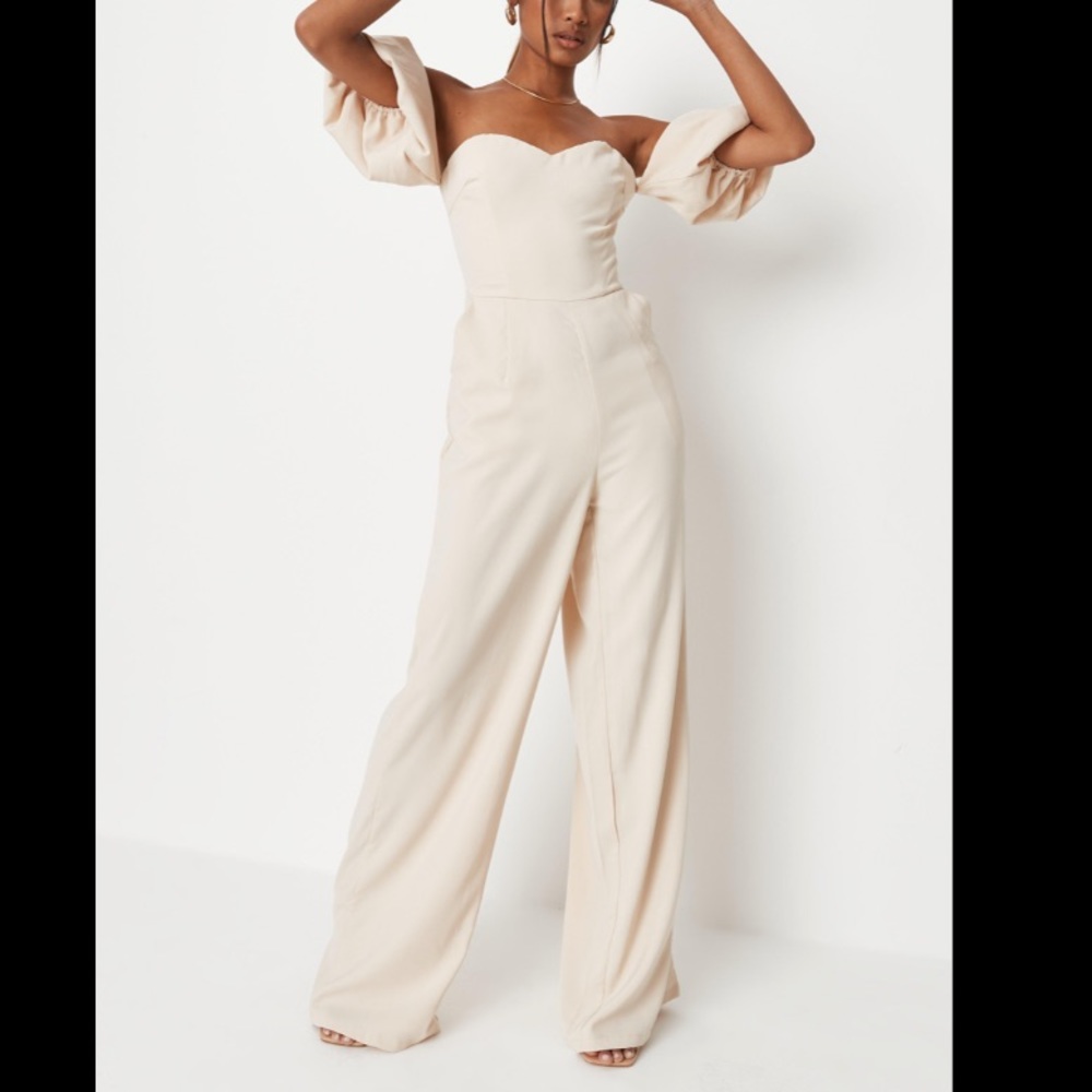 Missguided Cream Off-Shoulder Wide Leg Jumpsuit